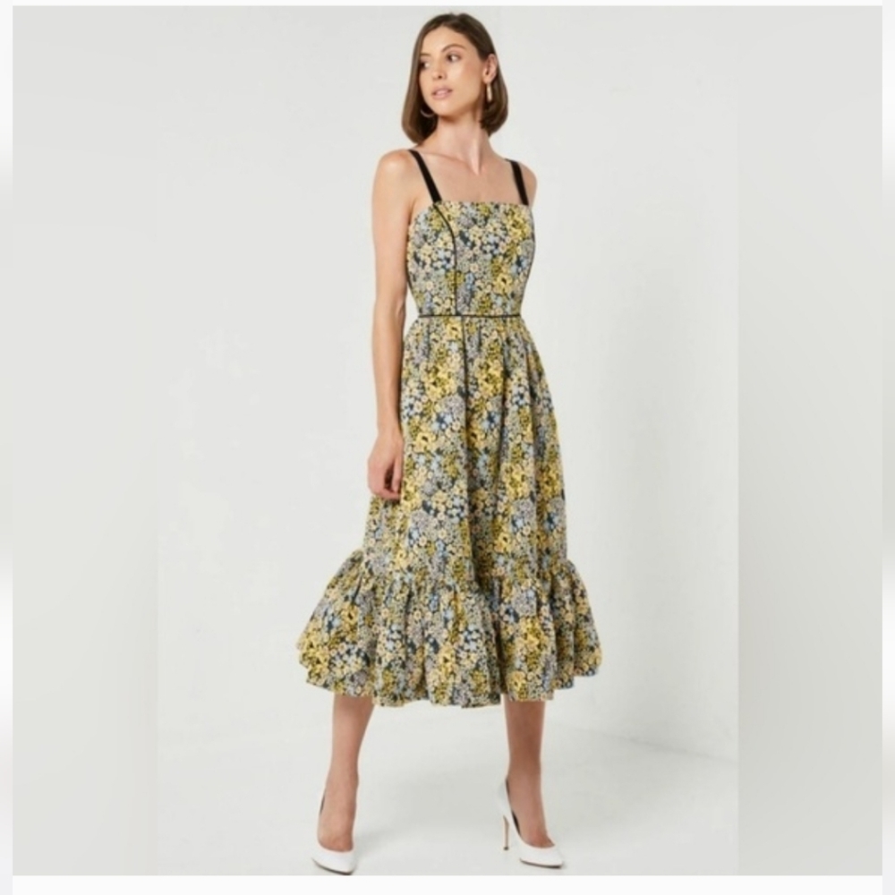 Elliatt Yellow Blue Floral Midi Dress with Black Straps